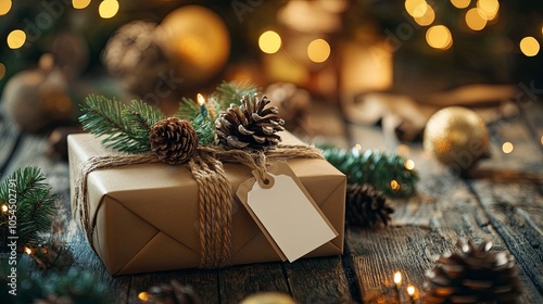 Brown Christmas gift box with a blank tag on rustic wooden table. High resolution 42Mp studio digital capture taken with Sony A7rII and Canon EF 70-200mm f/2.8L IS II USM Telephoto Zoom Lens photo