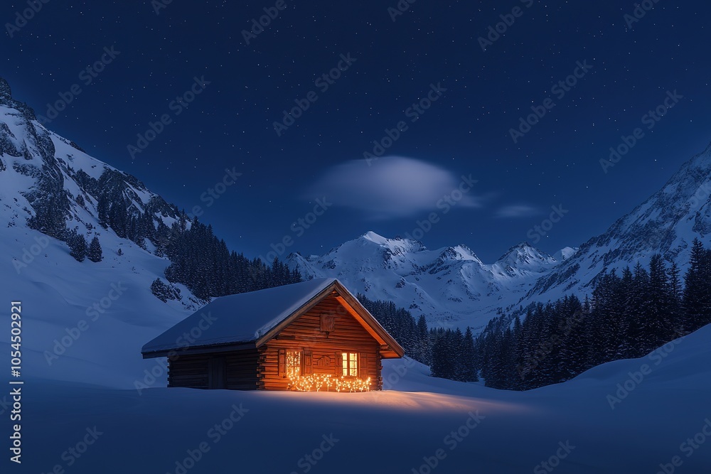 Cozy cabin lit at night amidst snowy mountains under starry sky Cozy cabin lit at night amidst snowy mountains under starry sky