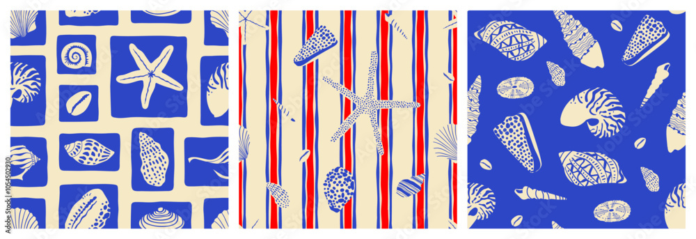 Retro hand drawn seashell seamless pattern set. Tropical summer ...