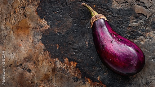 A single eggplant resting on a textured, dark surface. photo