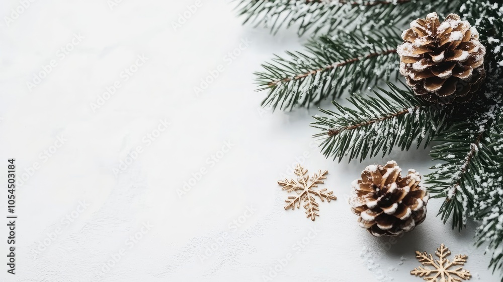 Christmas and New Year holidays card. Winter background with copy space. Branch of fir tree and snowflakes. Selective focus Christmas and New Year holidays card. Winter background with copy space. Branch of fir tree and snowflakes. Selective focus