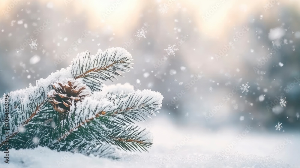 Christmas and New Year holidays card. Winter background with copy space. Branch of fir tree and snowflakes. Selective focus Christmas and New Year holidays card. Winter background with copy space. Branch of fir tree and snowflakes. Selective focus
