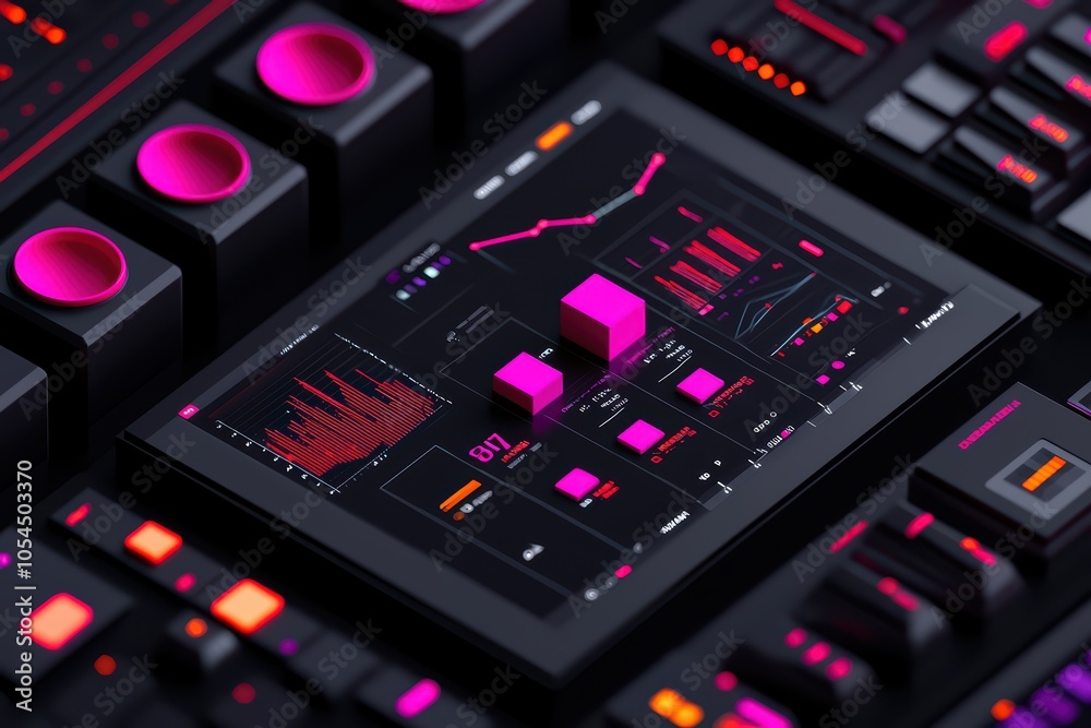 Futuristic digital interface displaying colorful analytics and data graphs on a modern touchscreen device.