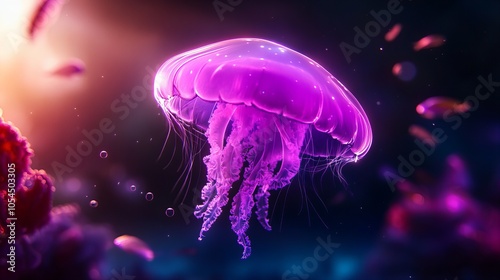 A vibrant purple jellyfish floats through the water, its tentacles trailing behind it.