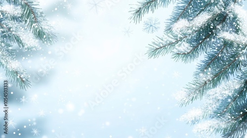 Christmas and New Year holidays card. Winter background with copy space. Branch of fir tree and snowflakes. Selective focus