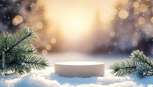 Product podium background in warm colours with Christmas tree branches and a snowy forest background. Use it to promote your seasonal products.