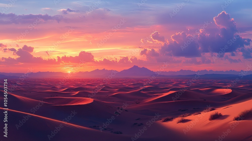 Vibrant sunset paints the sky over a vast desert landscape, creating a colorful, dramatic scene. Vibrant sunset paints the sky over a vast desert landscape, creating a colorful, dramatic scene.