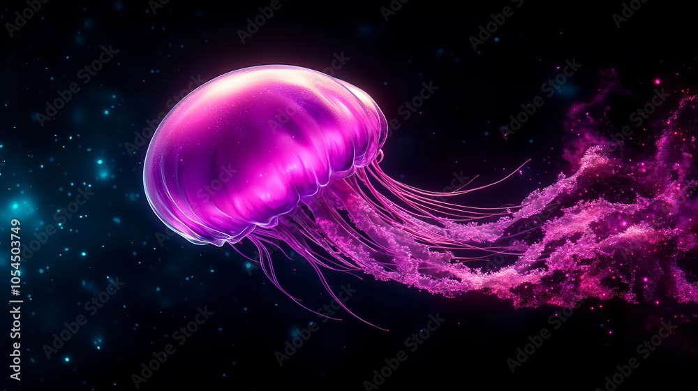 Fototapeta premium A vibrant, bioluminescent jellyfish glows in the darkness of the ocean.