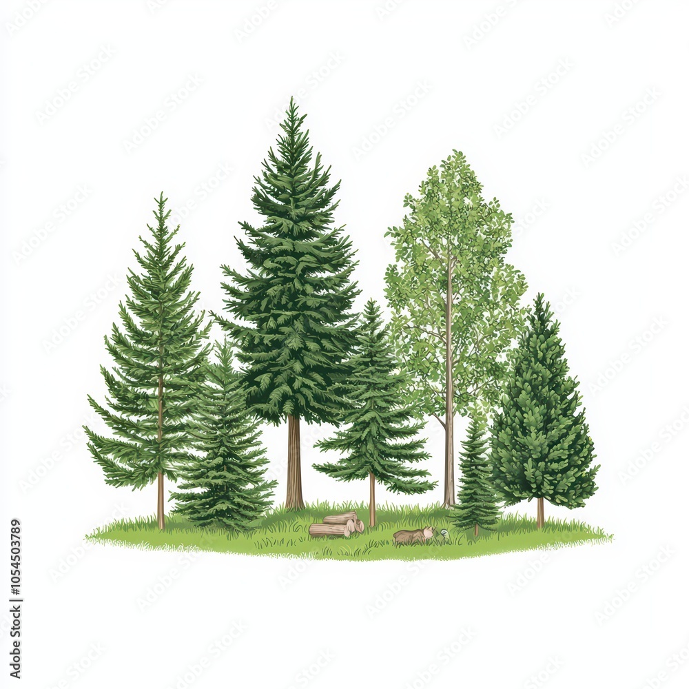 Obraz premium Group of various trees set against a white isolated background.