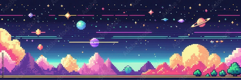 Fototapeta premium Futuristic pixel space banner featuring dynamic geometric patterns, ideal for technology or gaming-themed projects.