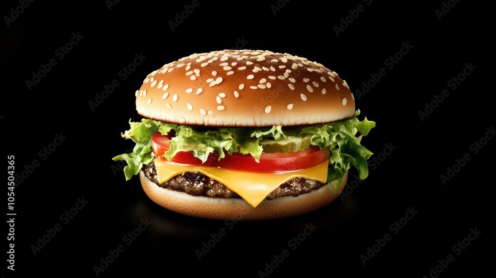 A delicious hamburger with lettuce, tomato, cheese, and pickles on a sesame seed bun. A delicious hamburger with lettuce, tomato, cheese, and pickles on a sesame seed bun.