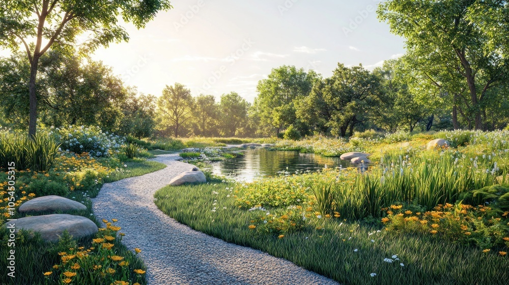 Obraz premium A winding path leads through a lush green meadow with a pond, trees, and wildflowers in the sunlight.