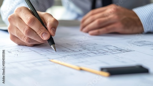 A person analyzing architectural blueprints with a pen on a desk.