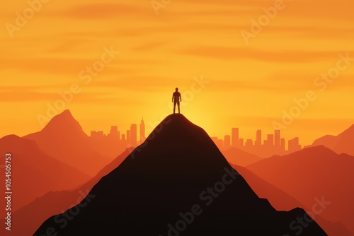 Silhouette of a person standing on a mountain peak at sunset, overlooking a city skyline in the distance.