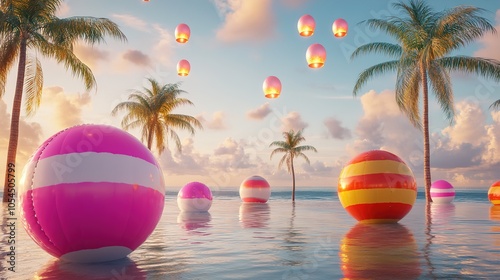 Sunset beach scene with floating colorful balls and sky lanterns photo