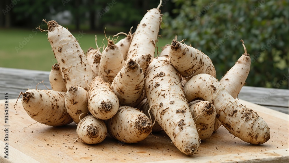 Fresh horseradish roots on wooden cutting board rustic farm to table vibe Fresh horseradish roots on wooden cutting board rustic farm to table vibe