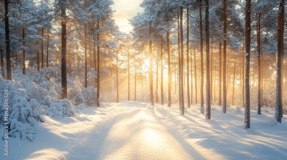 A snowy forest path illuminated by a golden sunrise.