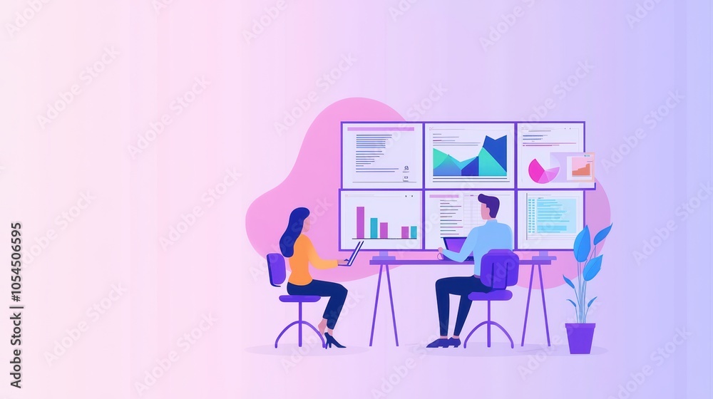 Two professionals analyzing data on screens in a modern office setting with a plant in the corner. Two professionals analyzing data on screens in a modern office setting with a plant in the corner.