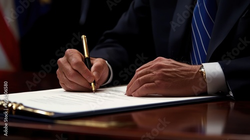A hand signing an official document with a pen on a desk.