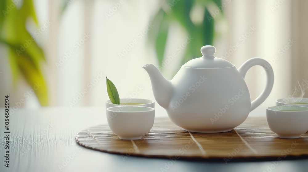 White teapot on a wooden mat with cups, surrounded by green leaves and soft sunlight. White teapot on a wooden mat with cups, surrounded by green leaves and soft sunlight.