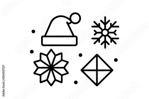 Santa hat, Snowflake and Gift box. Christmas line icons. New year linear icon set. Geometric elements. Quality signs set. Editable Vector icon set.