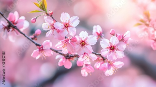 Delicate pink cherry blossoms on a branch, symbolizing beauty and renewal in nature.