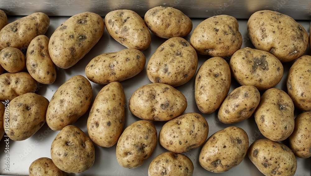 Fresh russet potatoes on conveyor belt earthy skins against steel Fresh russet potatoes on conveyor belt earthy skins against steel