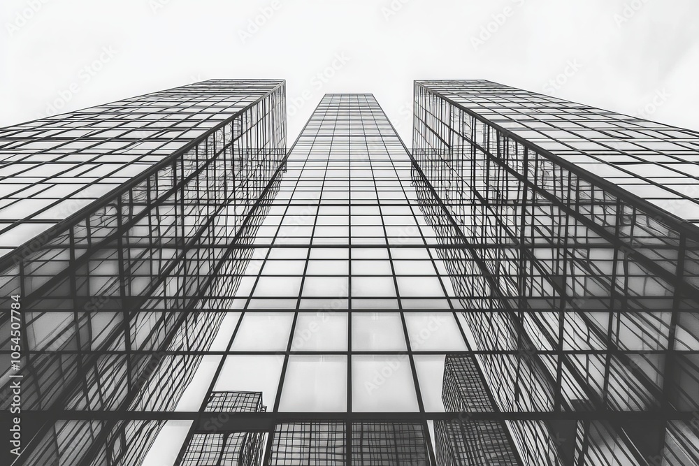 Upward view of reflective glass skyscrapers with sleek lines creating a high impact modern aesthetic for corporate and urban architectural themes Upward view of reflective glass skyscrapers with sleek lines creating a high impact modern aesthetic for corporate and urban architectural themes