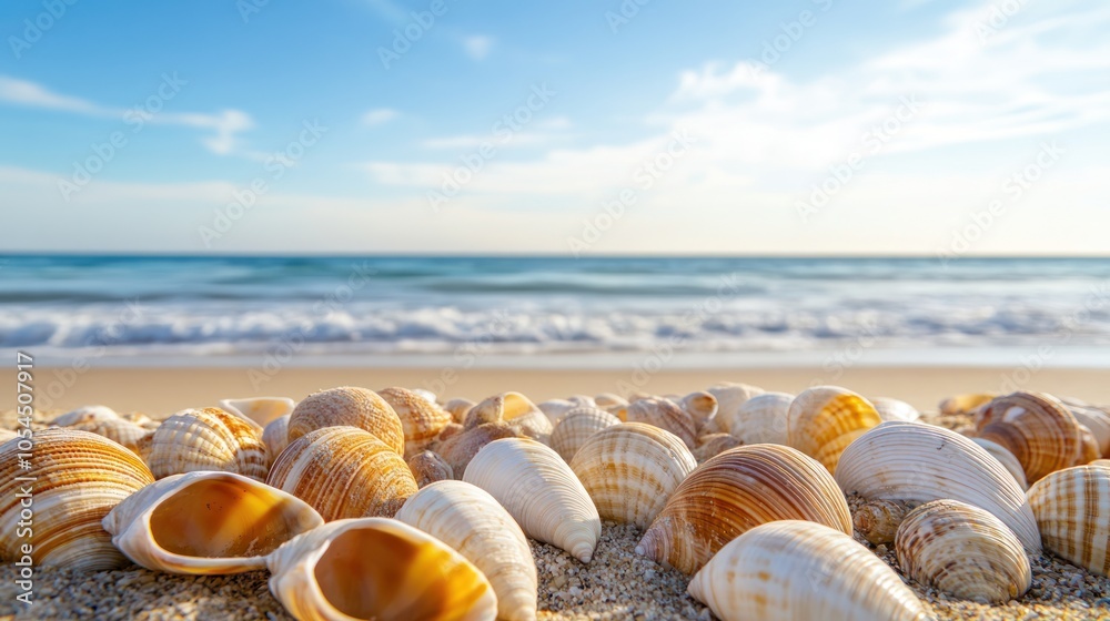 A serene beach scene with various seashells scattered on the sand, overlooking calm waves. A serene beach scene with various seashells scattered on the sand, overlooking calm waves.