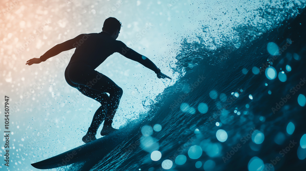 Silhouette of a surfer riding a big wave, captured against a vibrant blue background with bokeh effects, showcasing the thrill of surfing.