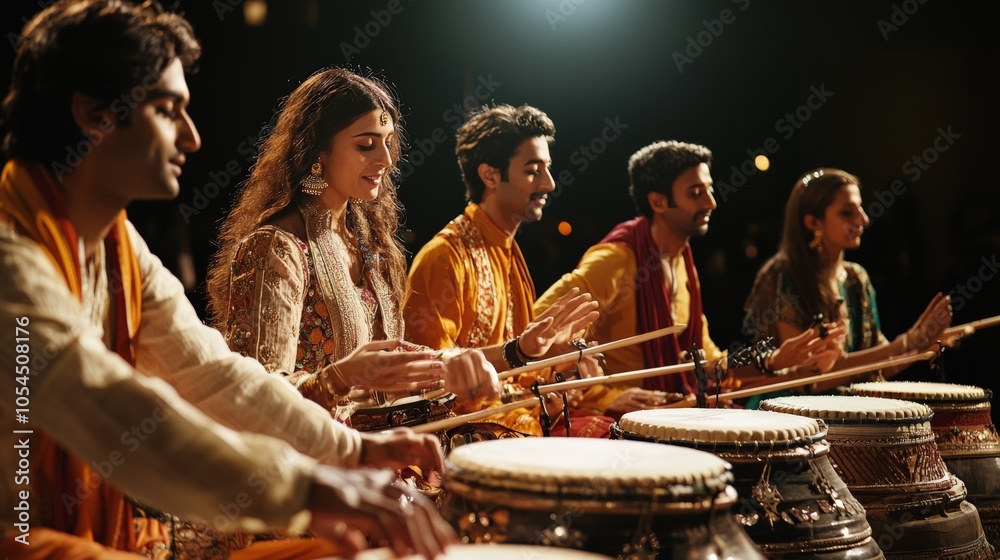 Group of musicians performing Indian classical music, with traditional instruments like tabla and flute Group of musicians performing Indian classical music, with traditional instruments like tabla and flute