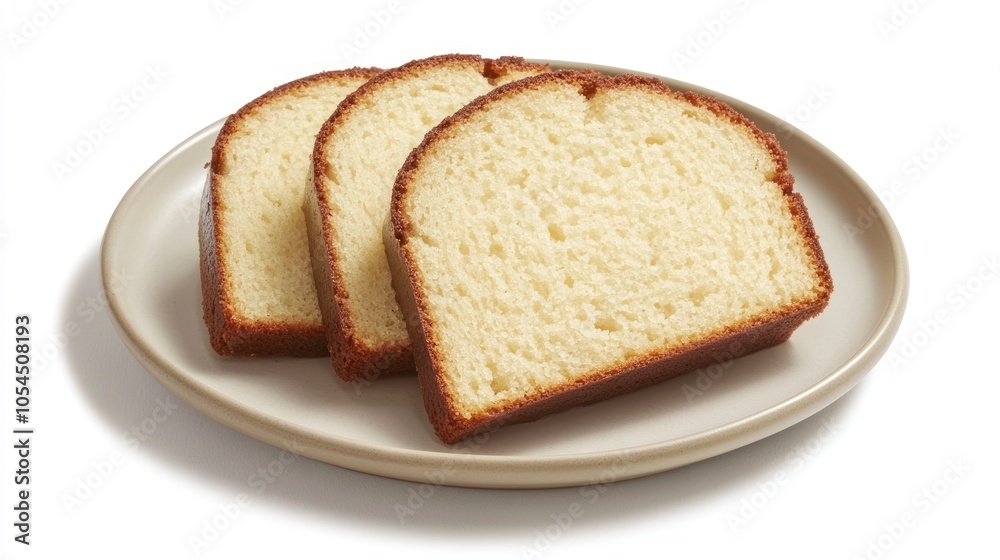 Three slices of golden-brown cake on a beige plate, showcasing a soft, fluffy texture. Three slices of golden-brown cake on a beige plate, showcasing a soft, fluffy texture.