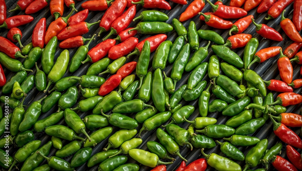 Vibrant red and green jalapeo peppers on conveyor belt Vibrant red and green jalapeo peppers on conveyor belt