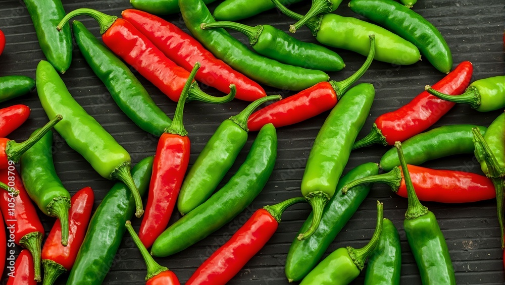 Vibrant red and green jalapeo peppers on conveyor belt Vibrant red and green jalapeo peppers on conveyor belt