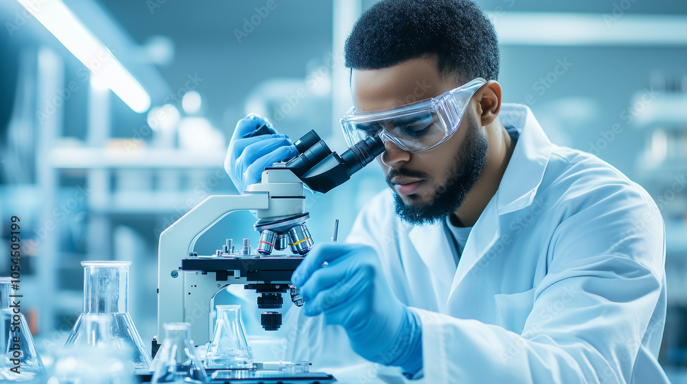 In a highly controlled, clean laboratory, a scientist in a cleanroom suit adjusts the focus of a microscope while examining a microchip semiconductor, capturing the delicate balanc In a highly controlled, clean laboratory, a scientist in a cleanroom suit adjusts the focus of a microscope while examining a microchip semiconductor, capturing the delicate balanc