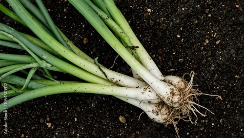 Freshly harvested green onions with white bulbs and soil remnants
