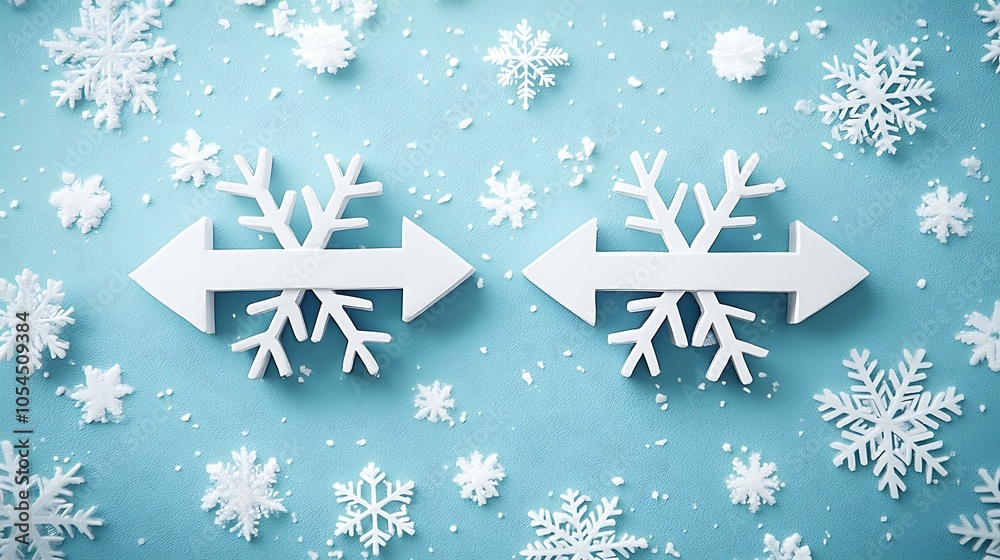 Animation of white snowflakes falling with two arrow signs pointing in opposite directions. Animation of white snowflakes falling with two arrow signs pointing in opposite directions.
