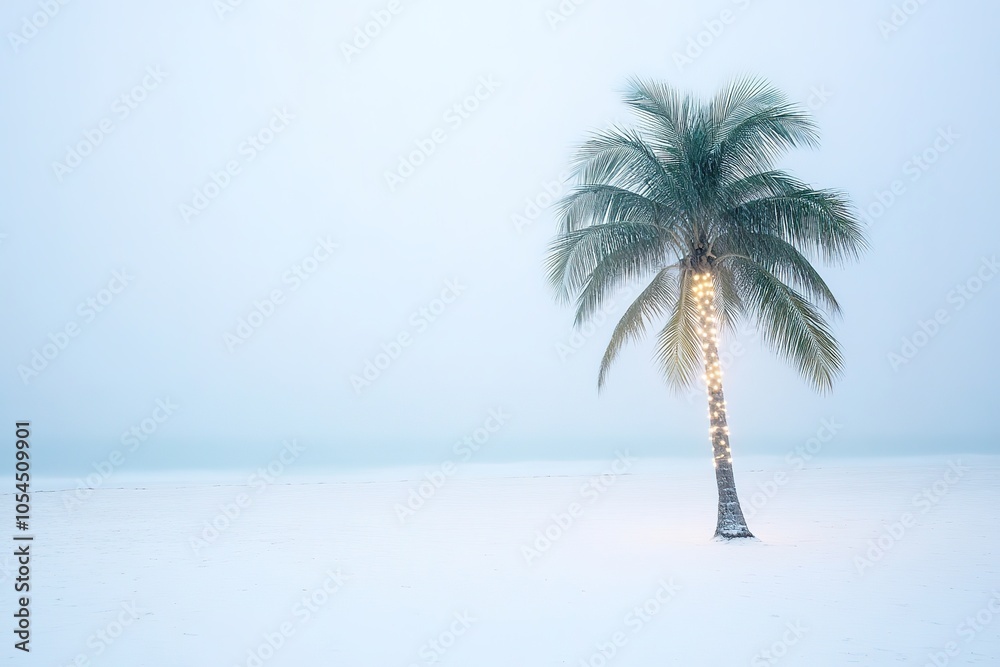 Obraz premium Single palm tree in misty white landscape, minimalism