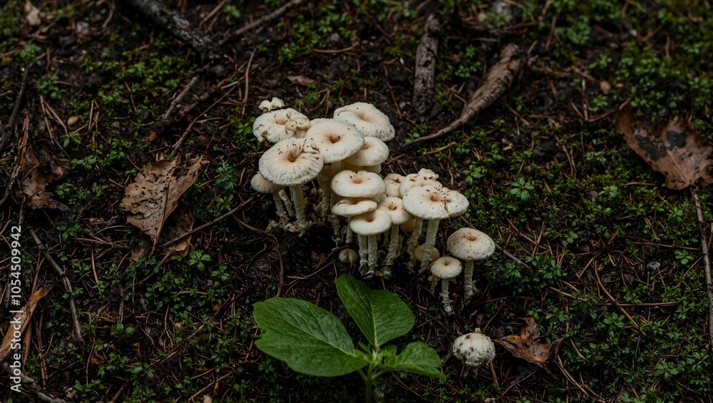 Small white mushrooms clustered on mossy soil in a forest setting Small white mushrooms clustered on mossy soil in a forest setting