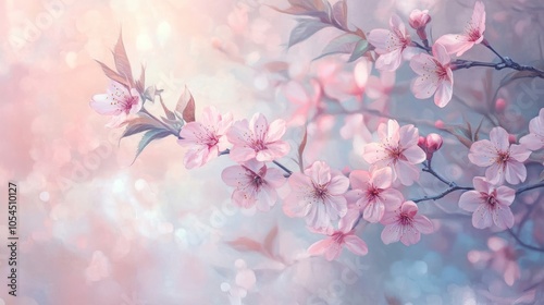 A delicate branch of pink cherry blossoms against a soft, dreamy background.