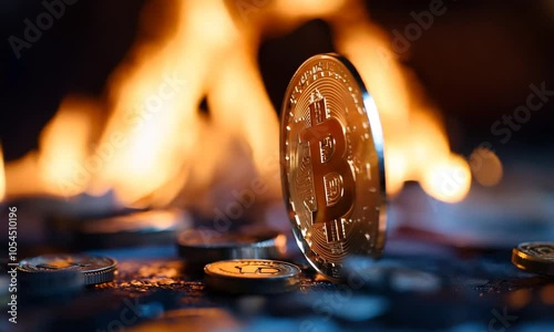 A golden Bitcoin coin stands prominently against a backdrop of flames, symbolizing cryptocurrency's volatility.