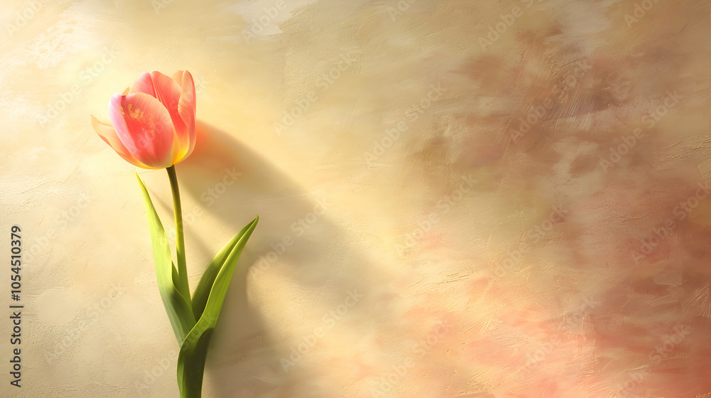 A serene, soft cream background with a lone pink tulip at its center, enhanced by subtle shadows, creating a minimalist scene with abundant negative space A serene, soft cream background with a lone pink tulip at its center, enhanced by subtle shadows, creating a minimalist scene with abundant negative space