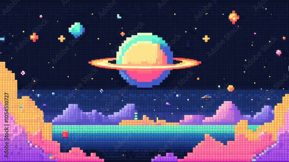Modern pixel space banner with vibrant colors and abstract shapes, perfect for digital backgrounds or web designs. Modern pixel space banner with vibrant colors and abstract shapes, perfect for digital backgrounds or web designs.
