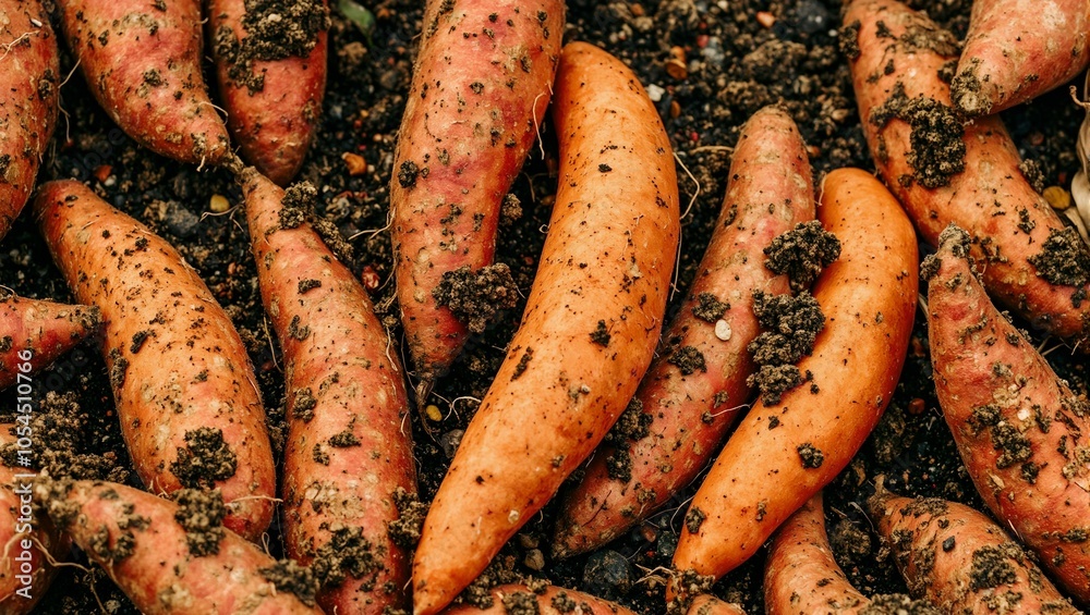 Freshly harvested sweet potatoes with roots and soil evoking autumn vibes Freshly harvested sweet potatoes with roots and soil evoking autumn vibes