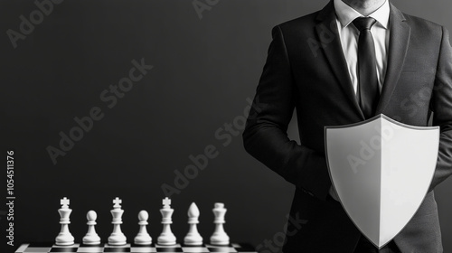 A businessperson in a sleek, modern suit stands with a shield held defensively in front of a chessboard filled with pieces, symbolizing corporate cyber risk management and the stra photo