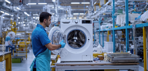 Factory worker assembling washing machine in production line