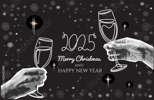 New Year and marry christmas greeting cards with hands and glasses with champagne collage designs. Trendy pop art template for winter holidays cards, banners, posters