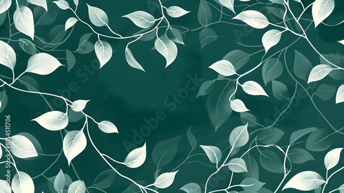 A soft, dark green background with delicate white outlines of leaves and vine tendrils, forming a minimalistic pattern that exudes elegance