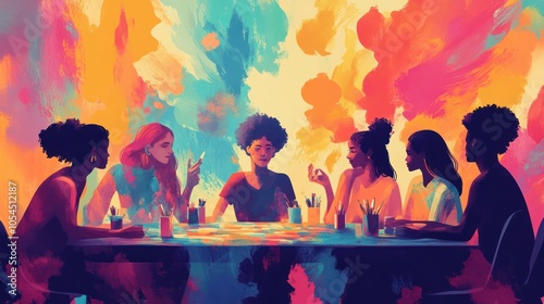 Six diverse women sit around a table, painting, their vibrant artwork reflecting their personalities.