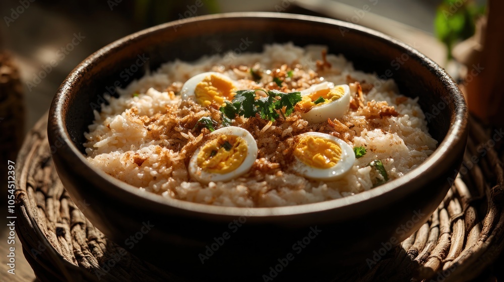 A bowl of rice porridge topped with boiled eggs, crispy onions, and herbs. A bowl of rice porridge topped with boiled eggs, crispy onions, and herbs.